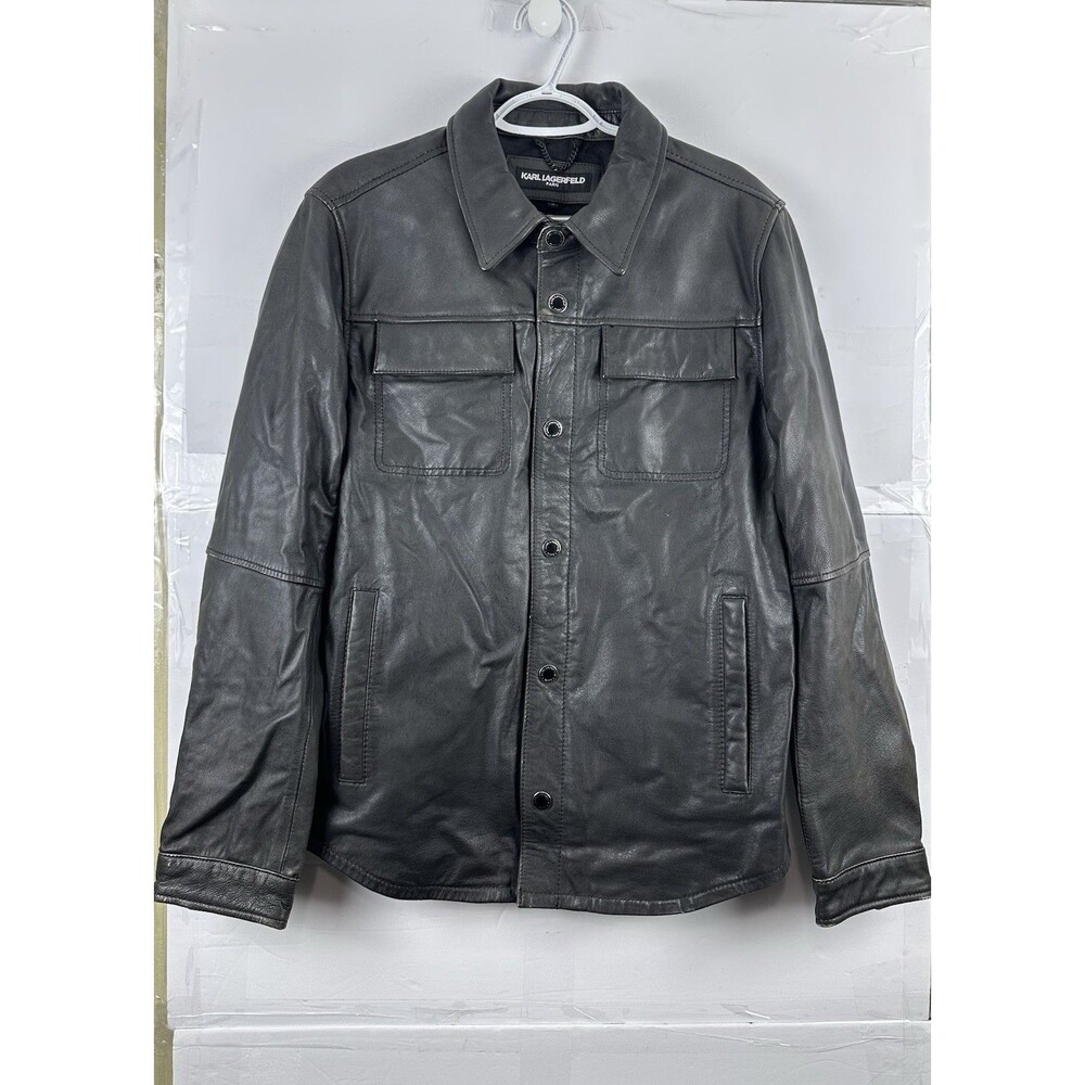 Karl Lagerfeld Paris Men’s Genuine Leather Trucker Jacket Black Size Medium